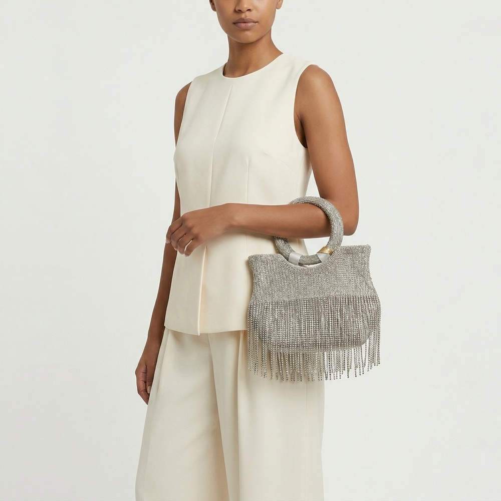 Hand sewn beaded artisan Metallic Silver Fringe Handle Top-Handle Bag NWT